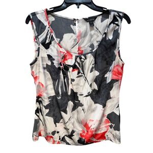 St. John Silk Blend Artsy Floral Sleeveless Shell Top Black Red Grey M stretch